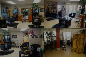 Modern hair salon interior with styling stations.